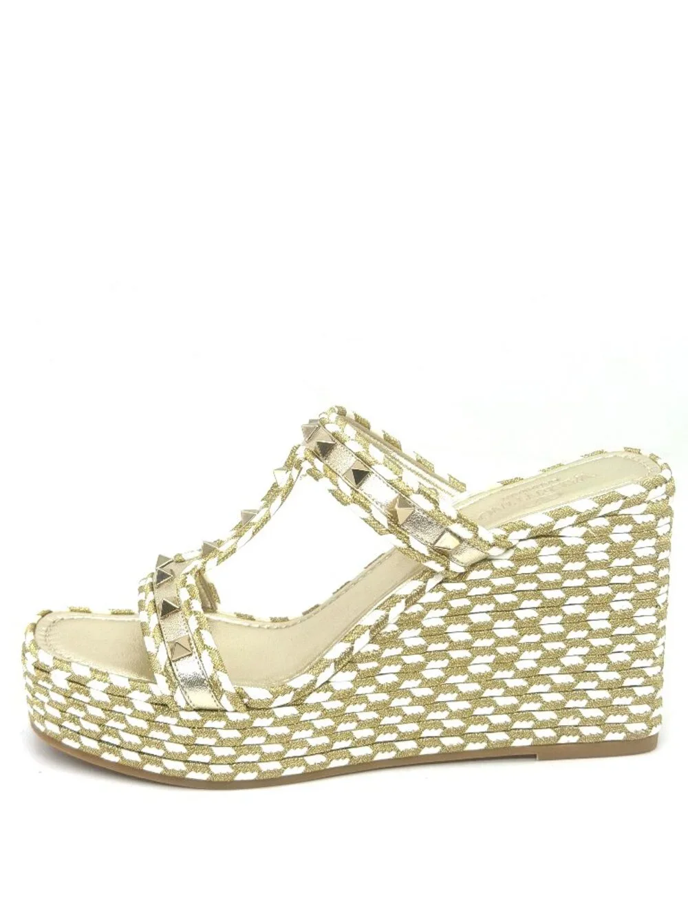 Valentino Rockstud Torchon Rope Wedge Heel Braided Espadrille Slide Sandals